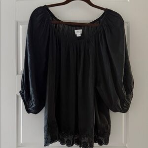 Velvet by Graham & Spencer Linen & Silk Black Blouse w/Balloon Sleeves Sz-Lg